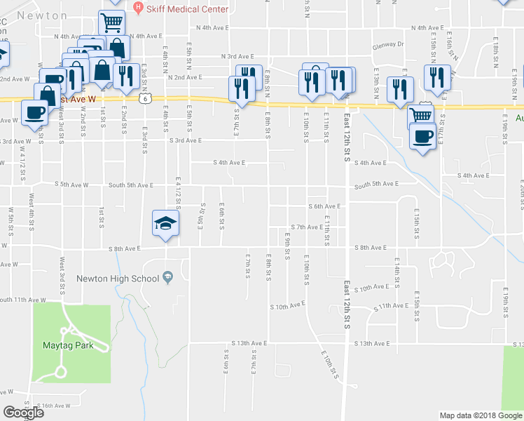 map of restaurants, bars, coffee shops, grocery stores, and more near 603 East 8th Street South in Newton