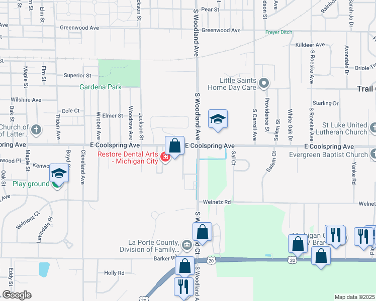 map of restaurants, bars, coffee shops, grocery stores, and more near 1237 East Coolspring Avenue in Michigan City