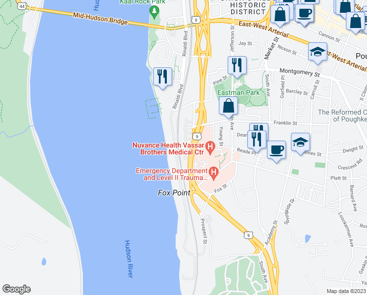 map of restaurants, bars, coffee shops, grocery stores, and more near 134 Hudson Pointe Drive in Poughkeepsie