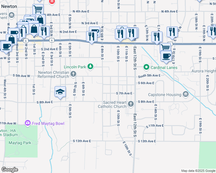 map of restaurants, bars, coffee shops, grocery stores, and more near 614 East 9th Street South in Newton