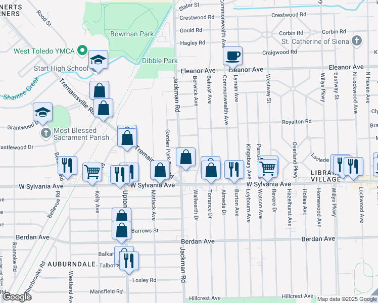 map of restaurants, bars, coffee shops, grocery stores, and more near 4112 Jackman Road in Toledo