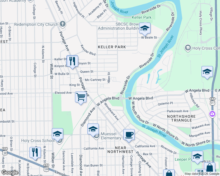map of restaurants, bars, coffee shops, grocery stores, and more near 1000 King Street in South Bend