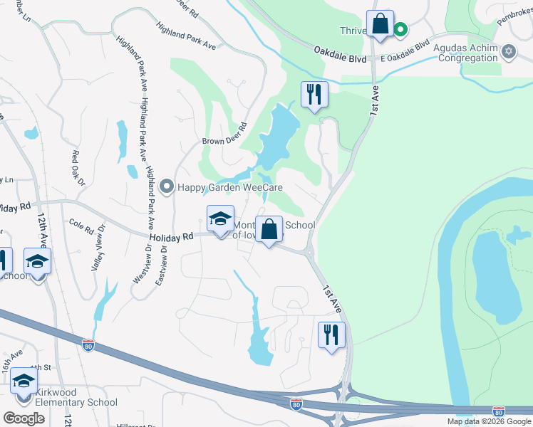 map of restaurants, bars, coffee shops, grocery stores, and more near 209 Holiday Road in Coralville