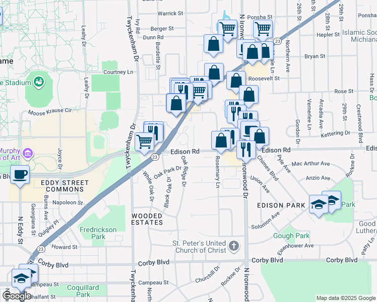map of restaurants, bars, coffee shops, grocery stores, and more near 1289 Edison Road in South Bend