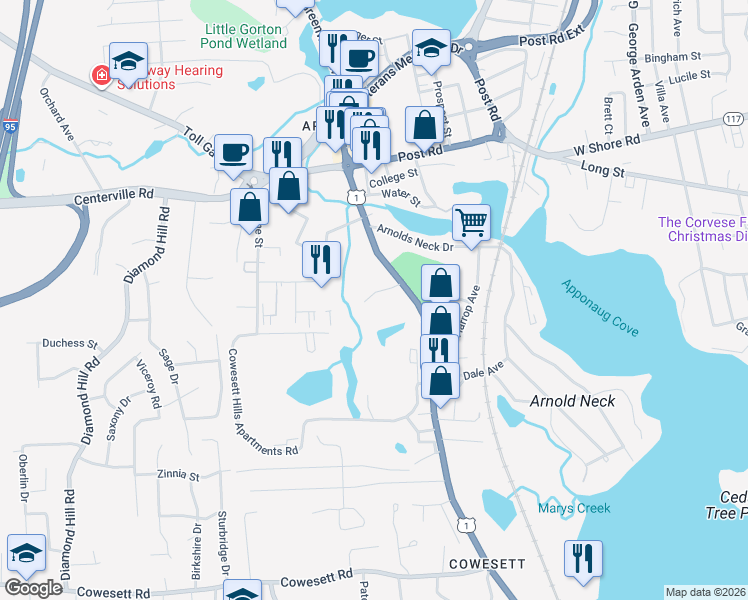 map of restaurants, bars, coffee shops, grocery stores, and more near 3459-3465 Post Road in Warwick