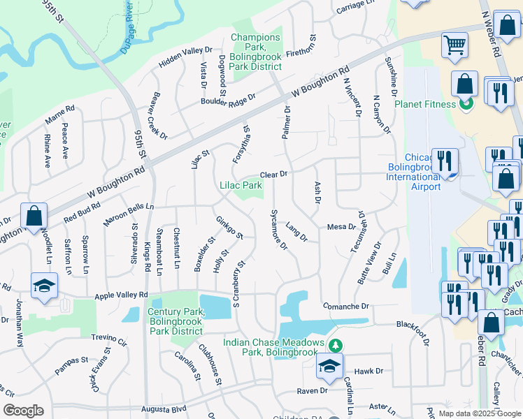map of restaurants, bars, coffee shops, grocery stores, and more near 8 Catalpa Court in Bolingbrook