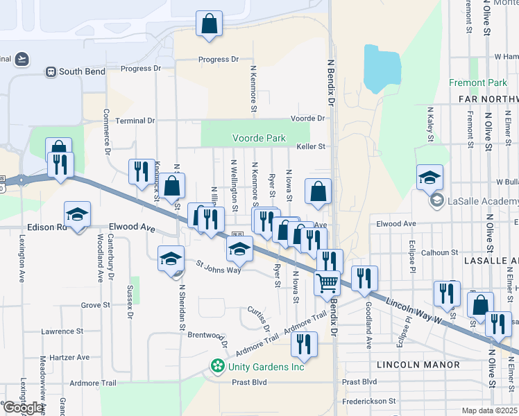 map of restaurants, bars, coffee shops, grocery stores, and more near 1420 North Kenmore Street in South Bend
