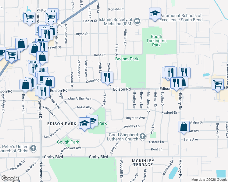map of restaurants, bars, coffee shops, grocery stores, and more near 1337 Woodfield Drive in South Bend