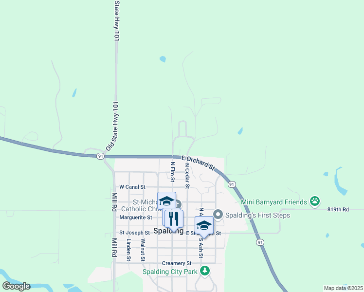 map of restaurants, bars, coffee shops, grocery stores, and more near 50623 Nebraska 91 in Spalding