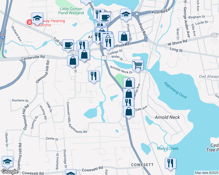 map of restaurants, bars, coffee shops, grocery stores, and more near 3459 Post Road in Warwick