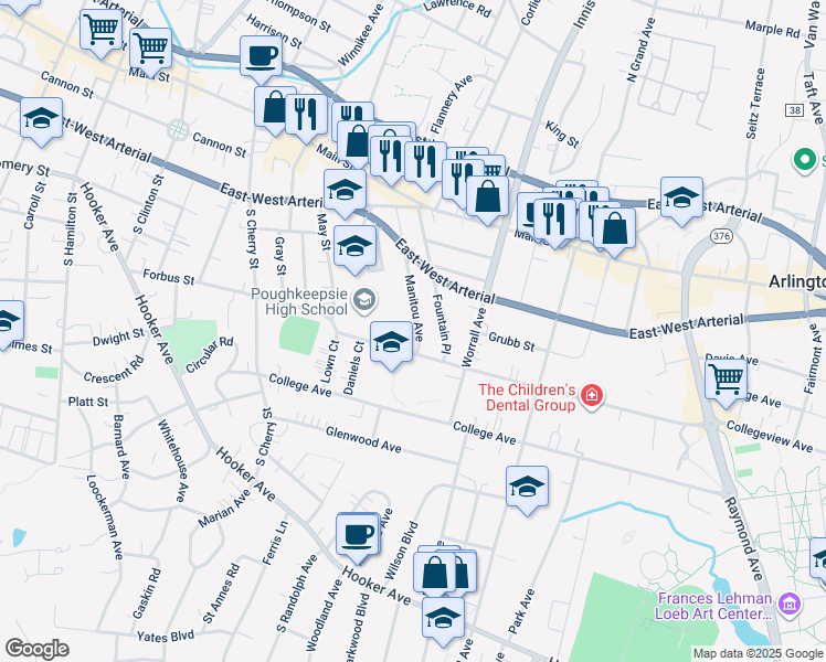 map of restaurants, bars, coffee shops, grocery stores, and more near 60 Manitou Avenue in Poughkeepsie