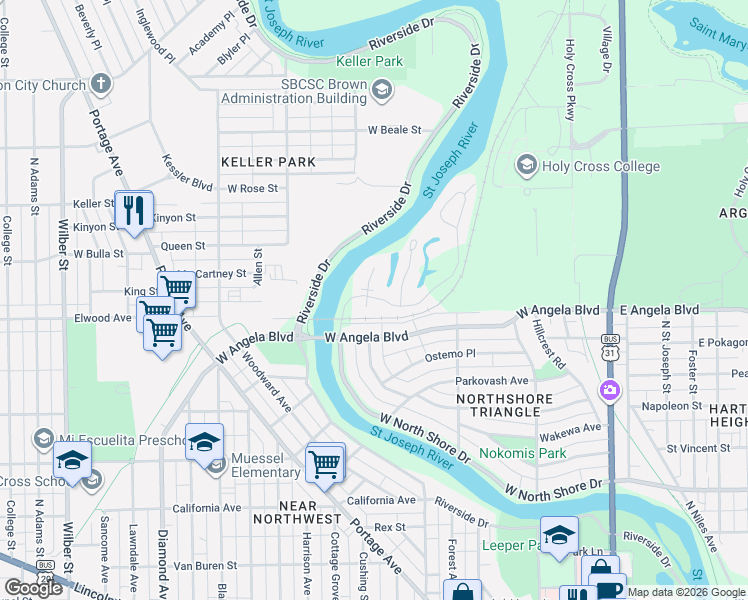 map of restaurants, bars, coffee shops, grocery stores, and more near 1434 Marigold Way in South Bend
