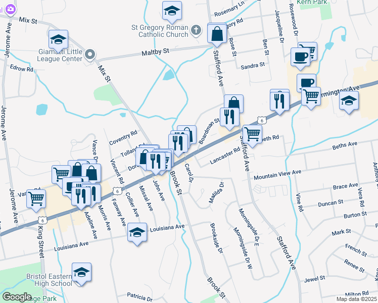map of restaurants, bars, coffee shops, grocery stores, and more near 899 Farmington Avenue in Bristol