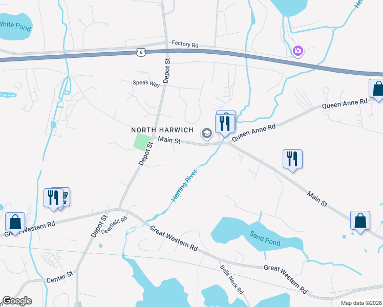 map of restaurants, bars, coffee shops, grocery stores, and more near 191 Main Street in Harwich