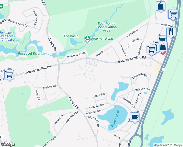 map of restaurants, bars, coffee shops, grocery stores, and more near 18 5th Avenue in Bourne