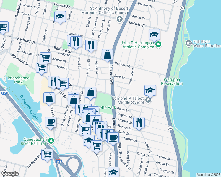 map of restaurants, bars, coffee shops, grocery stores, and more near 498 County Street in Fall River