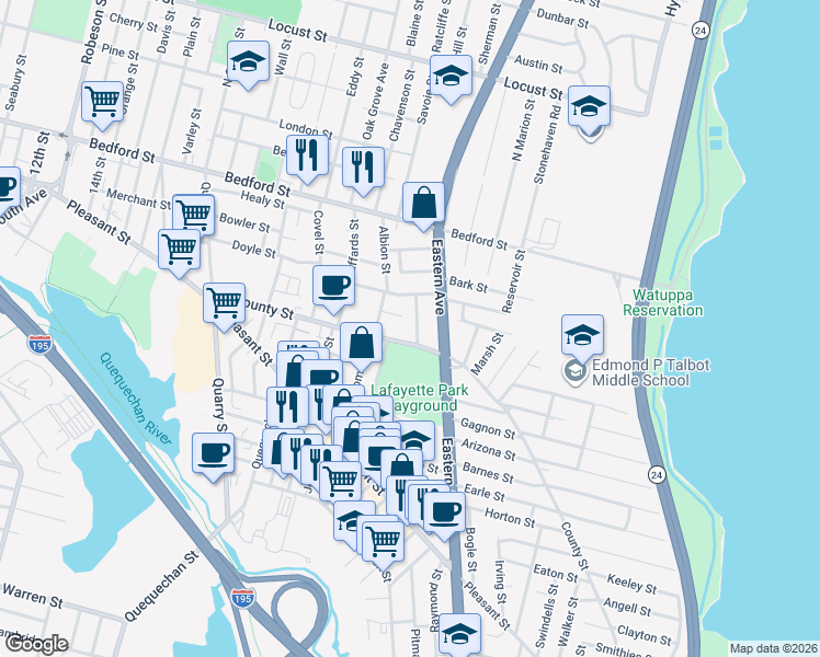map of restaurants, bars, coffee shops, grocery stores, and more near 498 County Street in Fall River