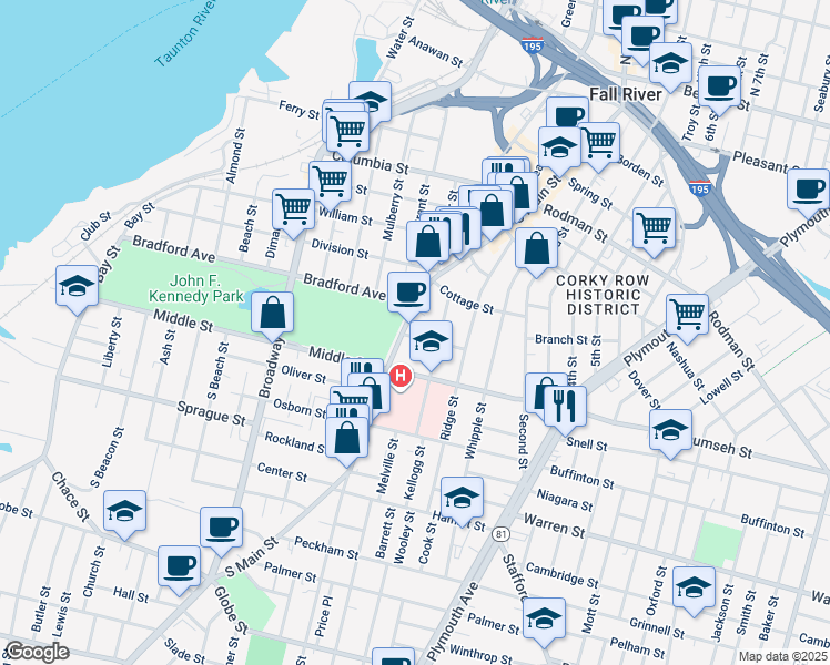 map of restaurants, bars, coffee shops, grocery stores, and more near 37 Park Street in Fall River