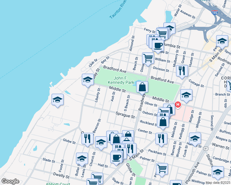 map of restaurants, bars, coffee shops, grocery stores, and more near 541 South Almond Street in Fall River