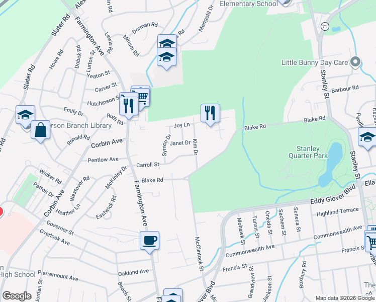 map of restaurants, bars, coffee shops, grocery stores, and more near 137 Carroll Street in New Britain
