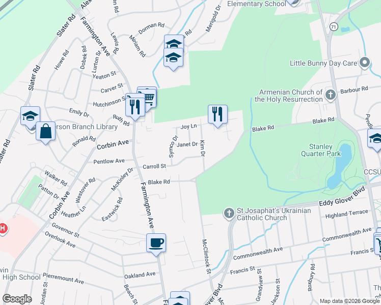 map of restaurants, bars, coffee shops, grocery stores, and more near 137 Carroll Street in New Britain