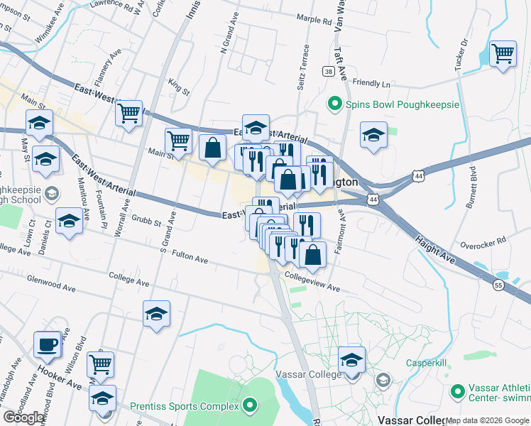 map of restaurants, bars, coffee shops, grocery stores, and more near in Poughkeepsie