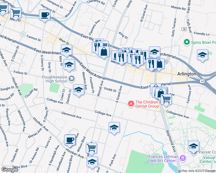map of restaurants, bars, coffee shops, grocery stores, and more near 14 Grubb Street in Poughkeepsie