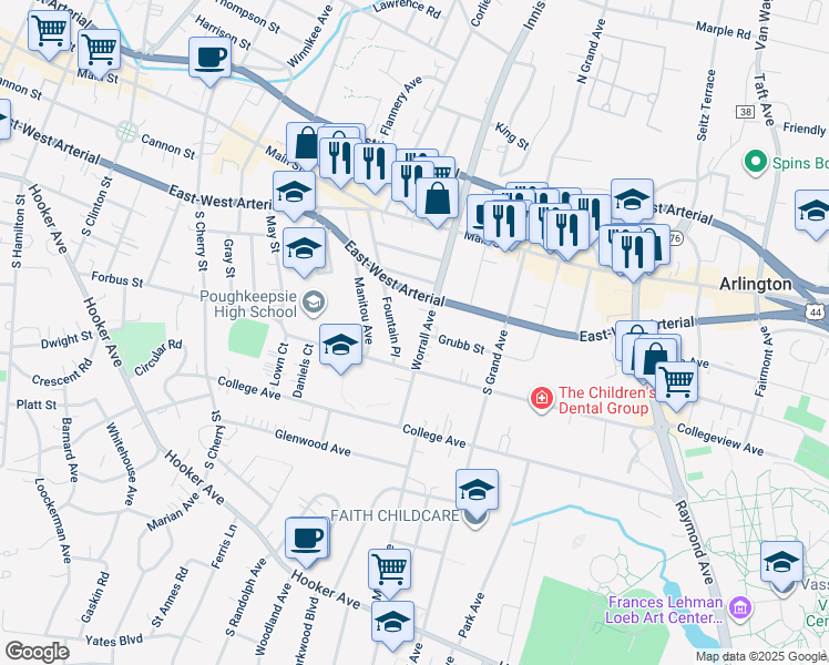 map of restaurants, bars, coffee shops, grocery stores, and more near 57 Worrall Avenue in Poughkeepsie