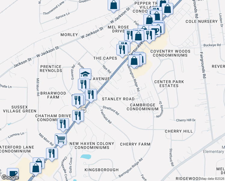map of restaurants, bars, coffee shops, grocery stores, and more near 20 Doan Avenue North in Painesville
