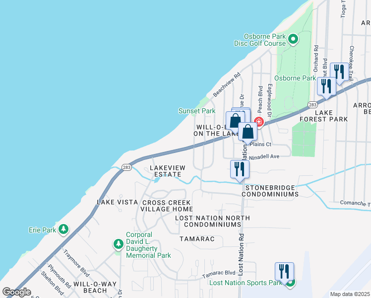 map of restaurants, bars, coffee shops, grocery stores, and more near 38200 Lakeshore Boulevard in Willoughby
