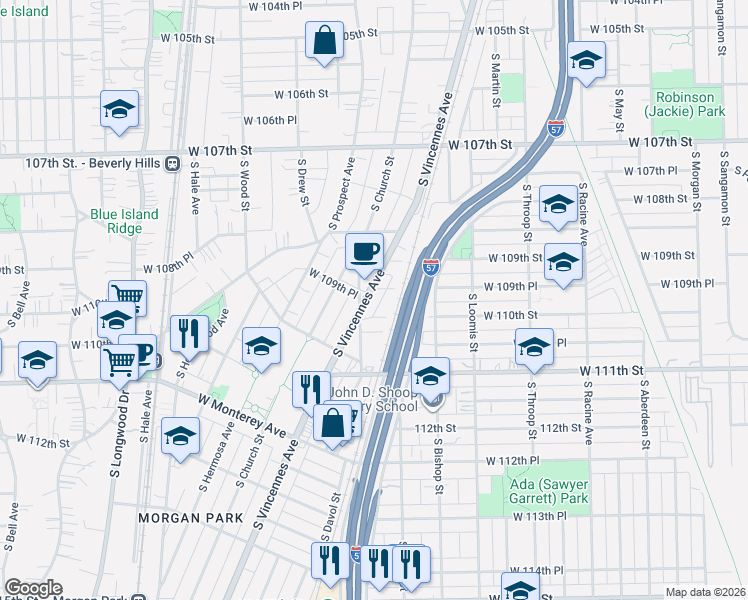 map of restaurants, bars, coffee shops, grocery stores, and more near 10963 South Vincennes Avenue in Chicago