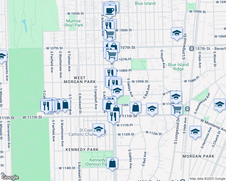map of restaurants, bars, coffee shops, grocery stores, and more near 10943 Western Avenue in Chicago