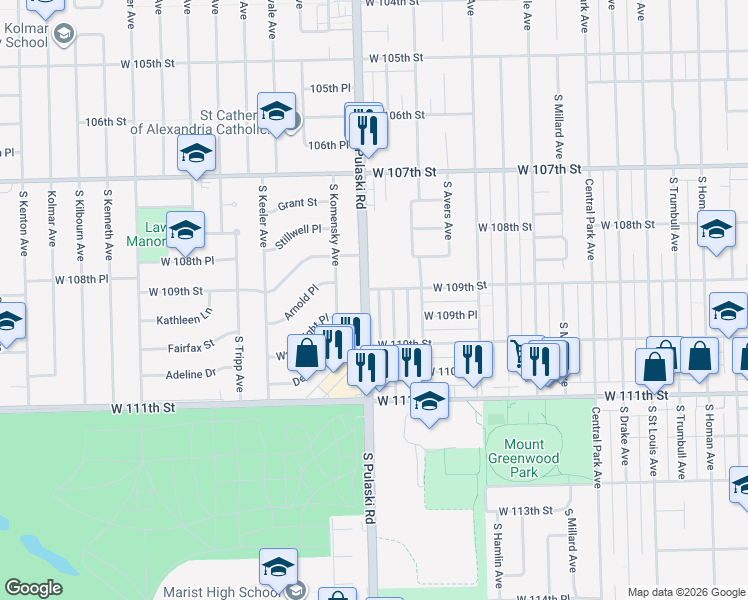 map of restaurants, bars, coffee shops, grocery stores, and more near 10929 South Pulaski Road in Chicago