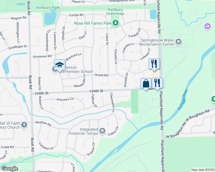 map of restaurants, bars, coffee shops, grocery stores, and more near 4103 Clearwater Lane in Naperville
