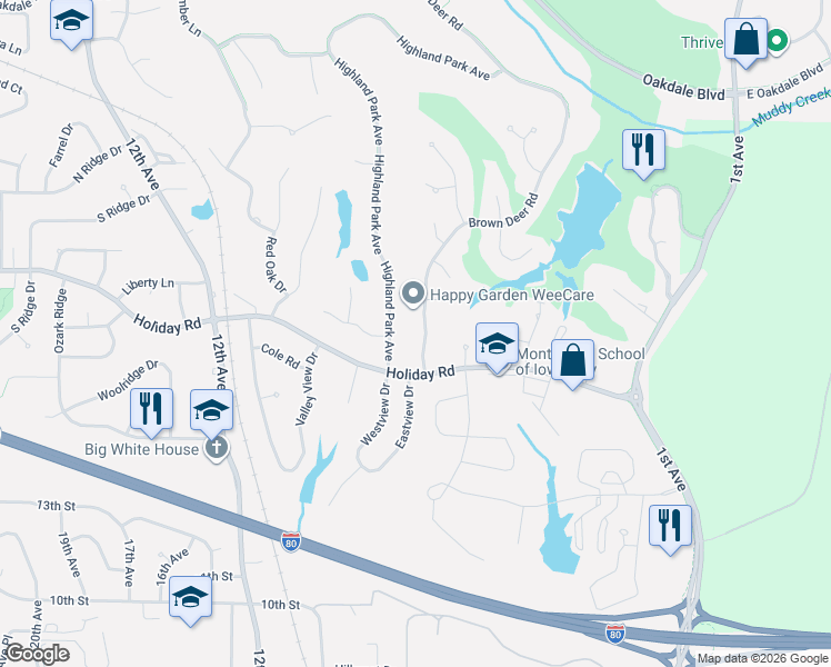 map of restaurants, bars, coffee shops, grocery stores, and more near 1502 Brown Deer Road in Coralville