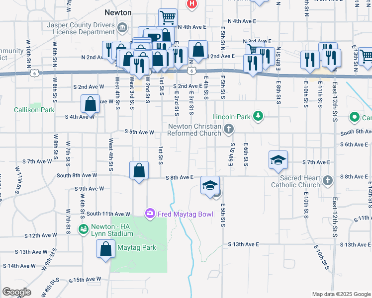 map of restaurants, bars, coffee shops, grocery stores, and more near 616 East 3rd Street South in Newton