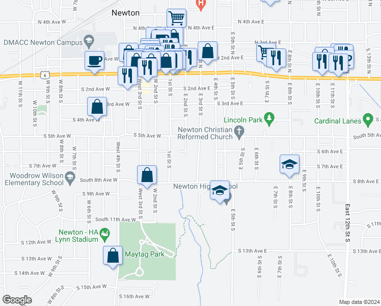 map of restaurants, bars, coffee shops, grocery stores, and more near 611 East 2nd Street South in Newton