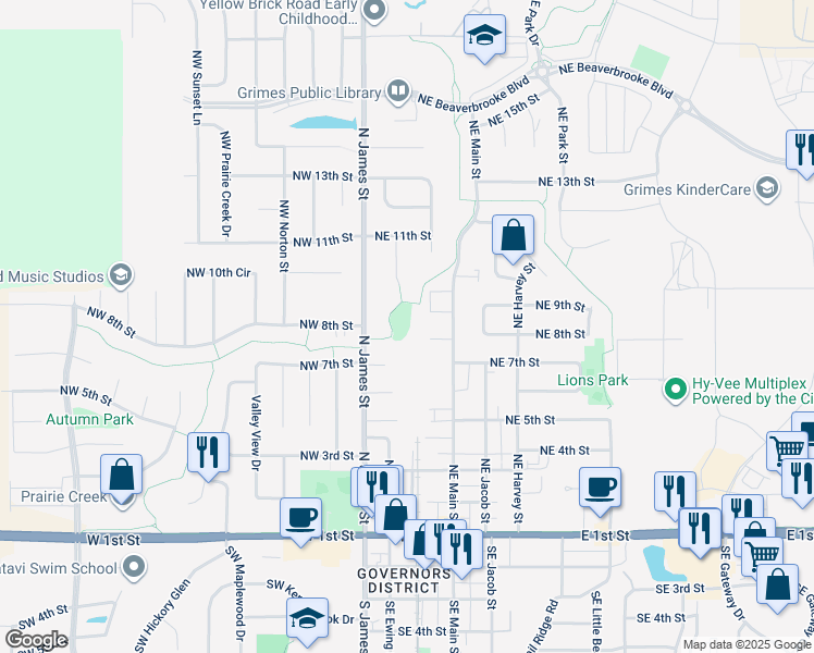 map of restaurants, bars, coffee shops, grocery stores, and more near 109 Northeast 7th Court in Grimes