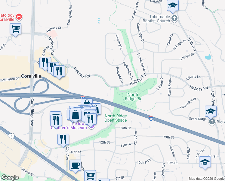 map of restaurants, bars, coffee shops, grocery stores, and more near 2272 Holiday Road in Coralville