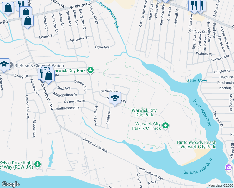 map of restaurants, bars, coffee shops, grocery stores, and more near 38 Carnation Drive in Warwick