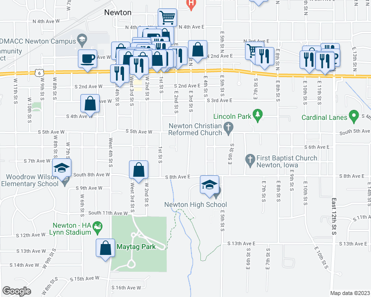 map of restaurants, bars, coffee shops, grocery stores, and more near 603 East 3rd Street South in Newton