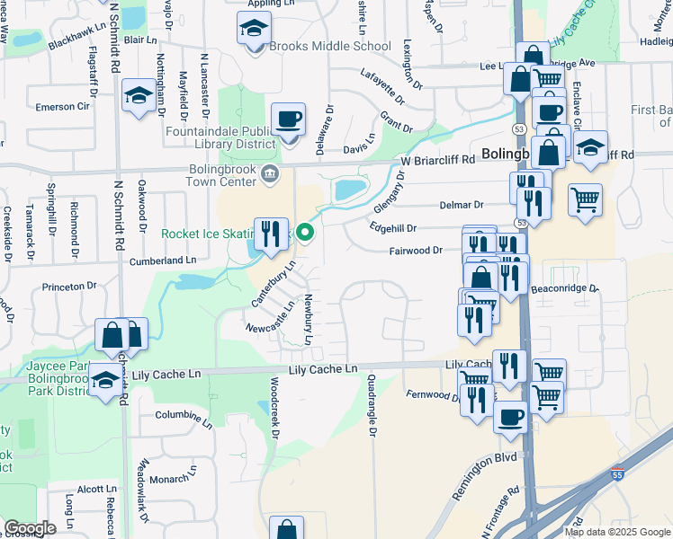 map of restaurants, bars, coffee shops, grocery stores, and more near 4O South Fernwood Drive in Bolingbrook