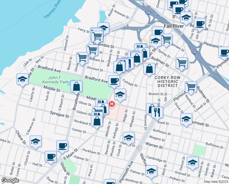 map of restaurants, bars, coffee shops, grocery stores, and more near 37 Park Street in Fall River