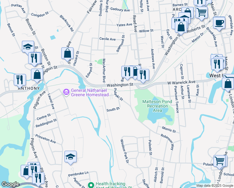 map of restaurants, bars, coffee shops, grocery stores, and more near 301 Pulaski Street in Coventry