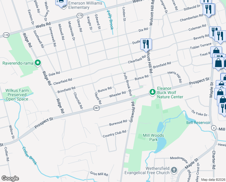 map of restaurants, bars, coffee shops, grocery stores, and more near 249 Edward Street in Wethersfield