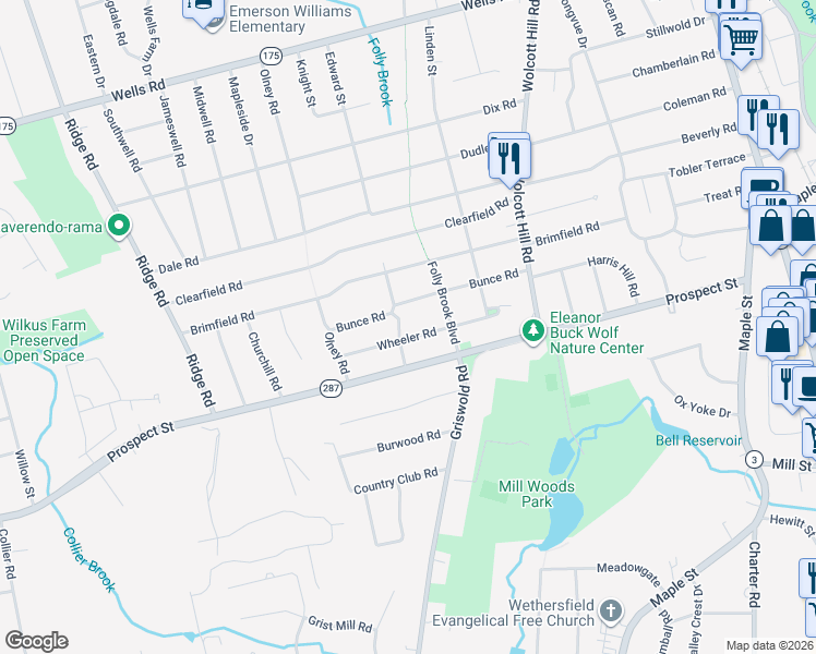 map of restaurants, bars, coffee shops, grocery stores, and more near 84 Wheeler Road in Wethersfield