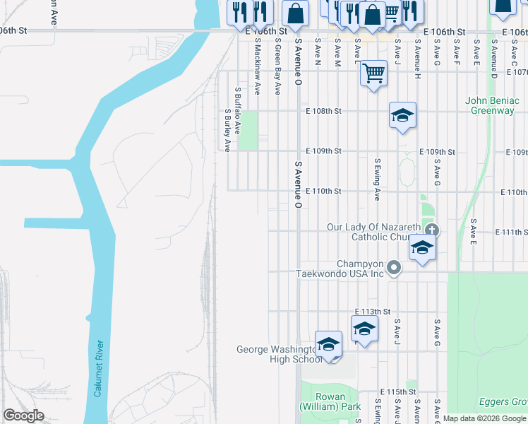 map of restaurants, bars, coffee shops, grocery stores, and more near 11050 South Green Bay Avenue in Chicago