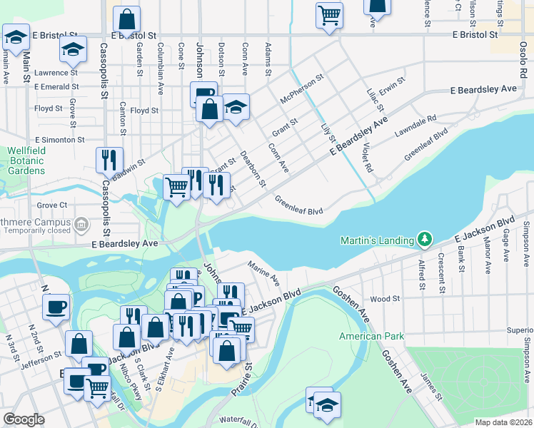 map of restaurants, bars, coffee shops, grocery stores, and more near 921 East Beardsley Avenue in Elkhart