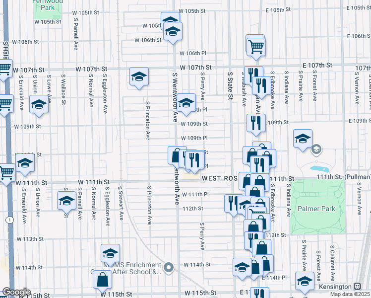 map of restaurants, bars, coffee shops, grocery stores, and more near 140 West 110th Street in Chicago