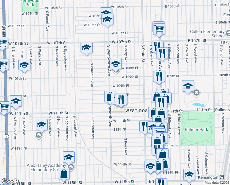 map of restaurants, bars, coffee shops, grocery stores, and more near 140 West 110th Street in Chicago